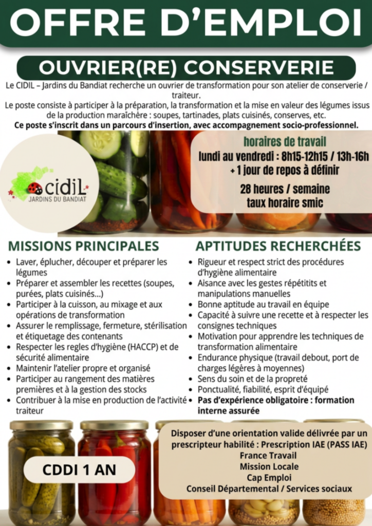 Offre d'emploi Conserverie Traiteur
