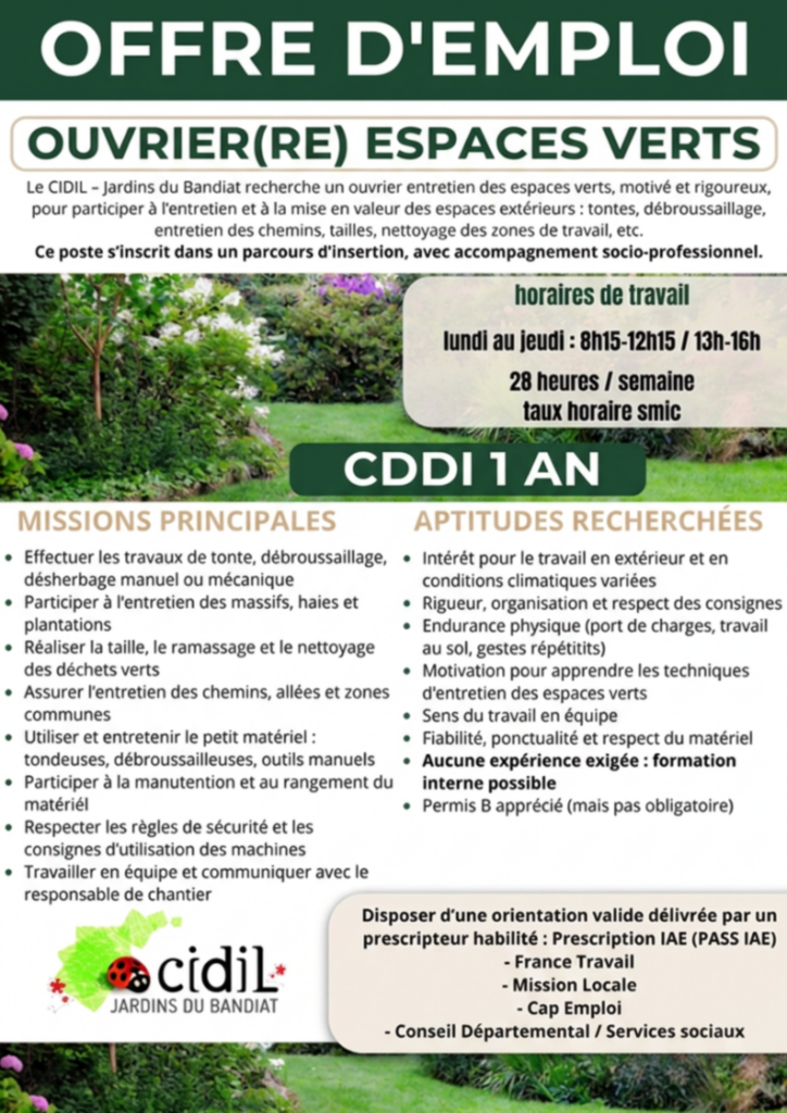 Offre d'emploi entretien Espaces Verts
